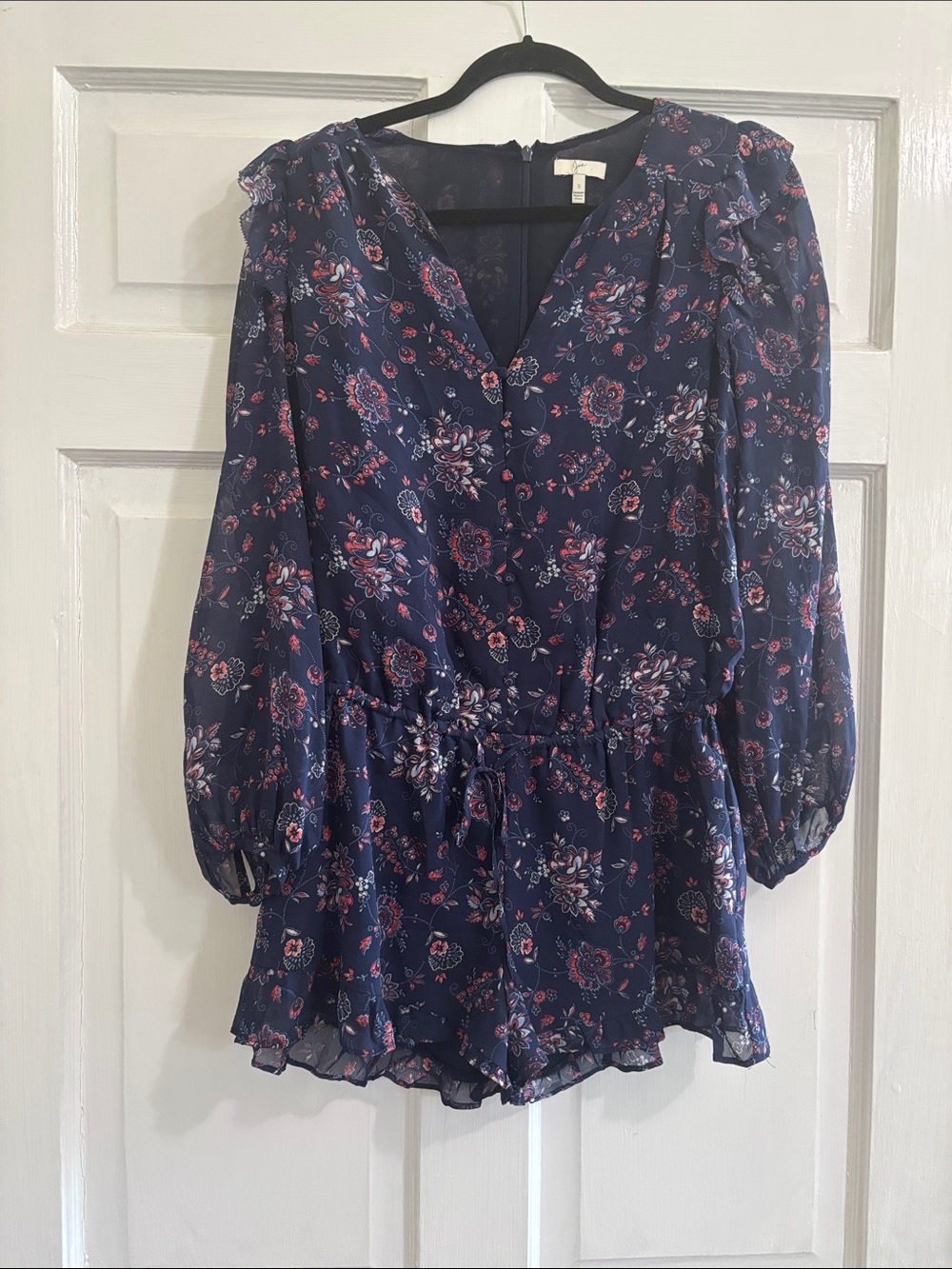 Joie Navy Floral V-Neck Romper with Red and Cream Accents